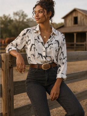 JANE & DELANCEY Horse Print Blouse Large Buttondown Equestrian Farm Country